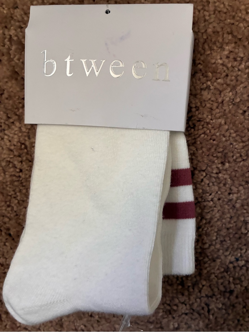 btween White Crew Socks with Maroon Double Stripes